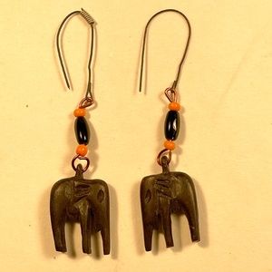 Vintage Carved Wood Elephant Earrings